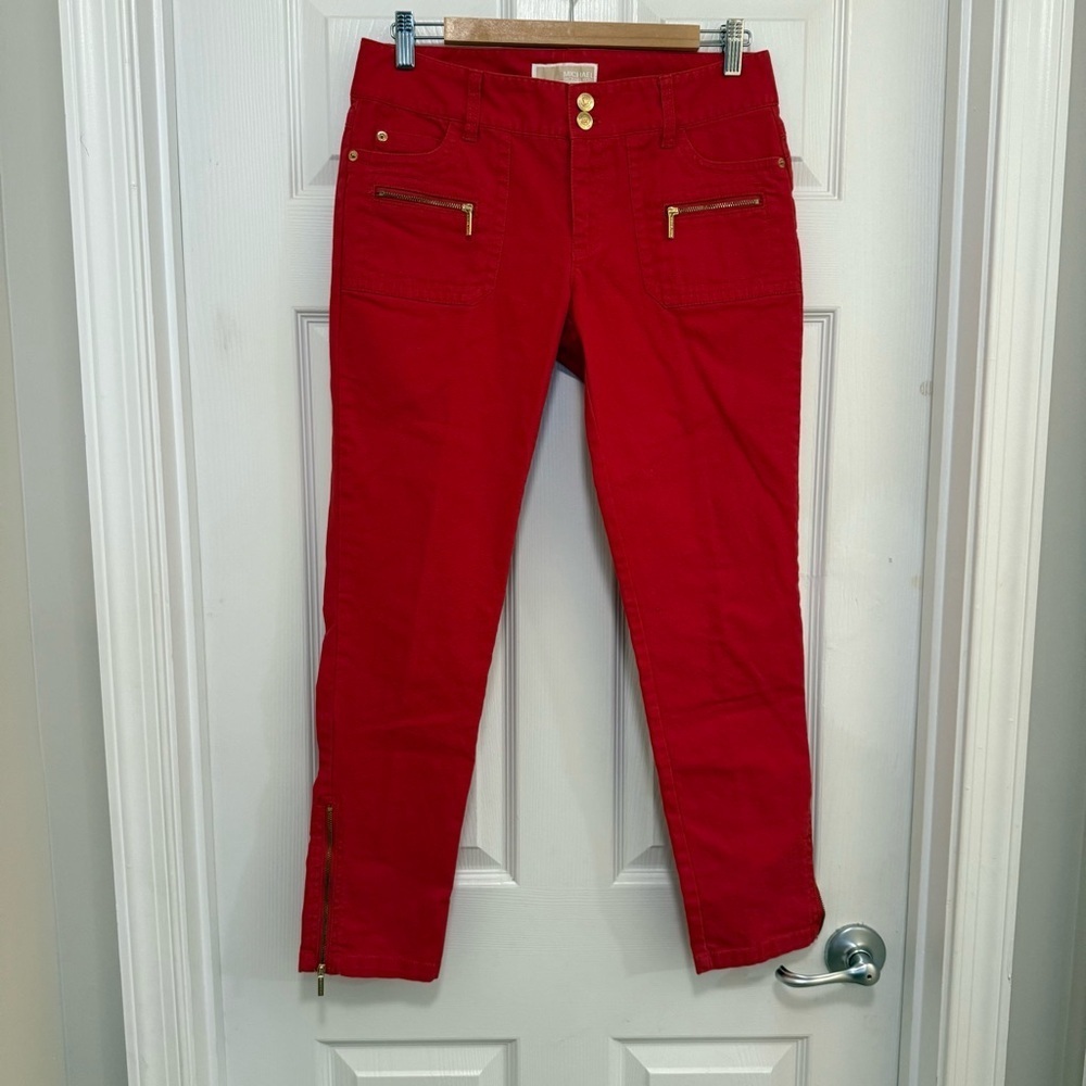 NWOT MICHAEL Michael Kors Red Skinny Jeans with Gold Hardware and Ankle Zips